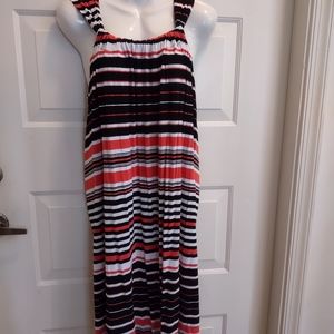 "SPENSE" STRIPED CORAL, BLACK & WHITE MIDI,